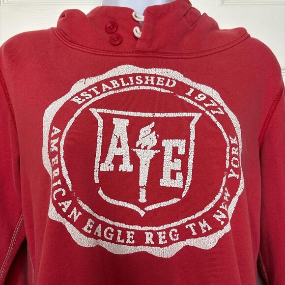Medium American Eagle Red Hoodie Vintage NY Graphic Crest Sweatshirt Women’s AE - Picture 2 of 7